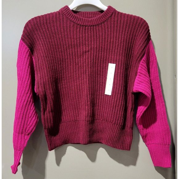a new day Sweaters - A New Day Women's Small Burgundy & Pink Colorblock Crewneck Cable Knit Sweater